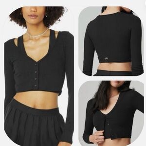 ALO Yoga Ribbed Cropped Whisper Cardigan Crop Top Black Small